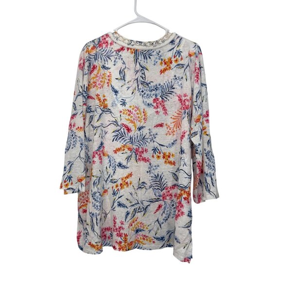 Chicos SZ 3 US XL Womens Nautical Floral Linen Tunic Top With Embellished Collar - Picture 13 of 16
